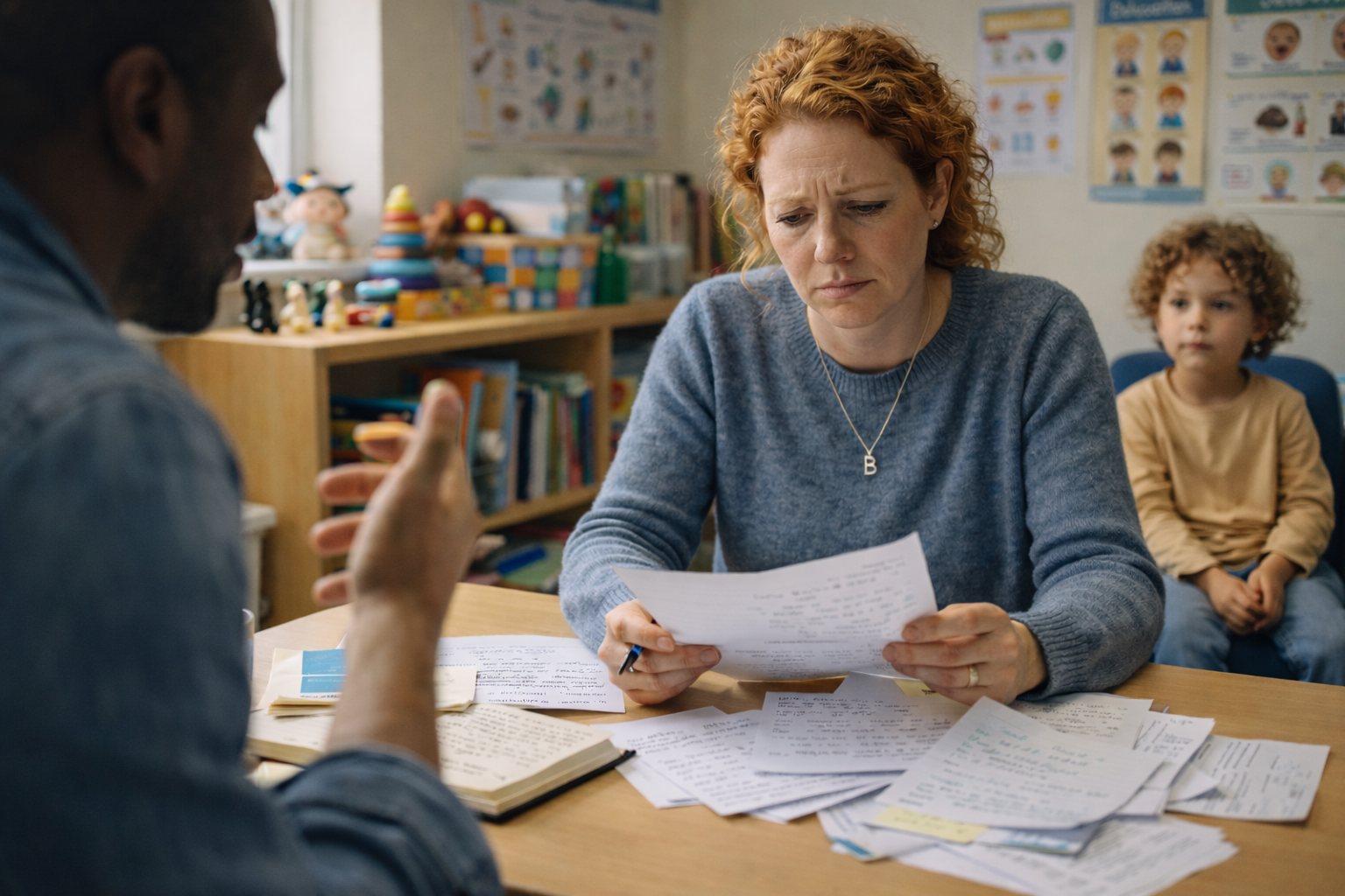 A speech therapist reviewing scattered notes at the start of a session, trying to piece together what happened between appointments.